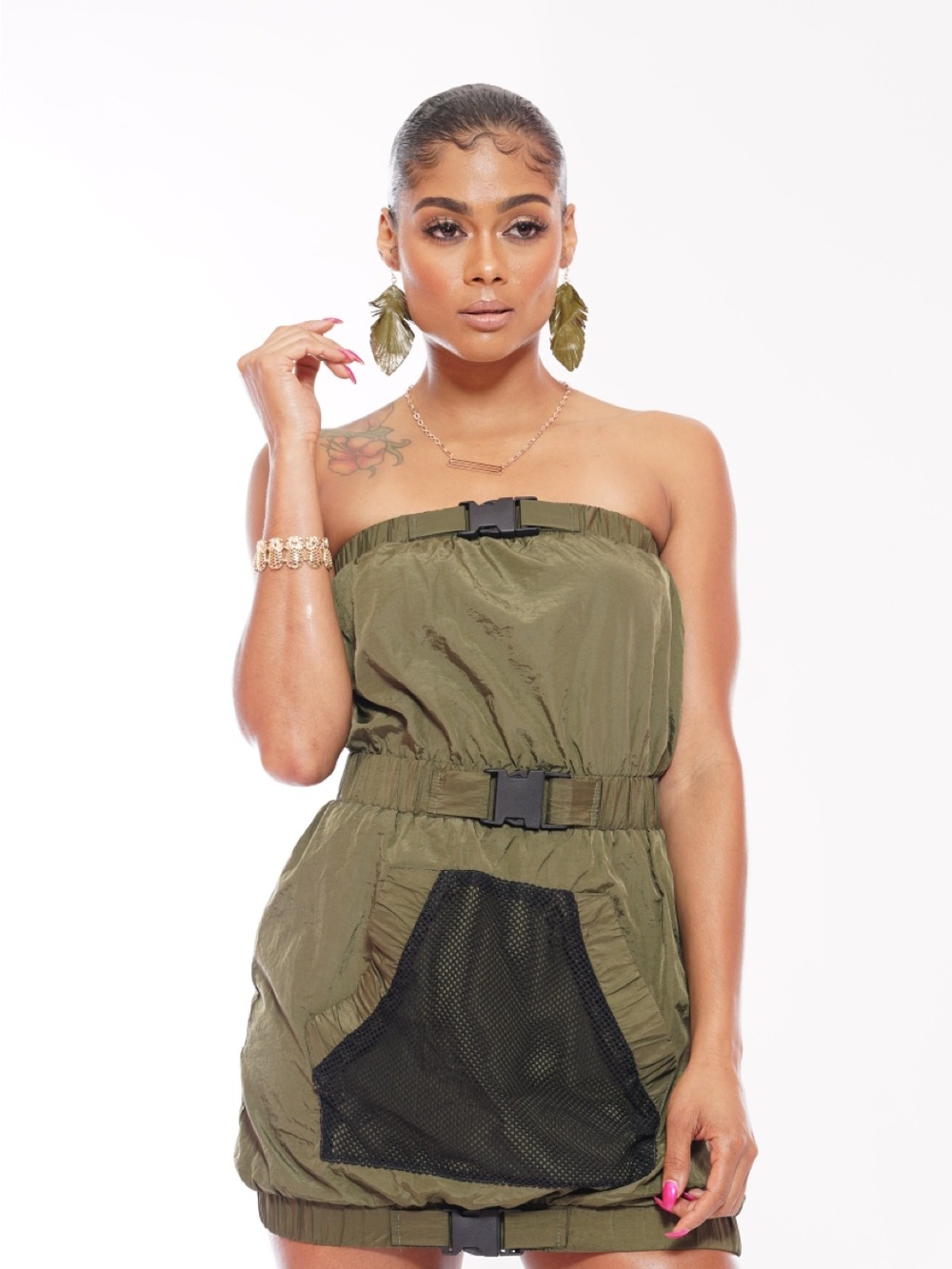 Olive Strapless Utility Mini Dress with Mesh Pocket